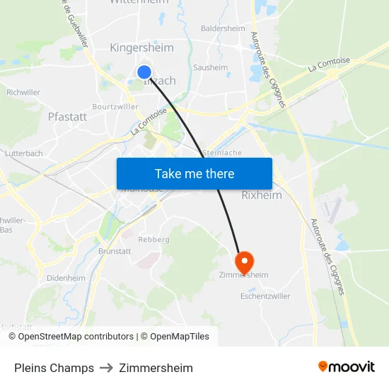 Pleins Champs to Zimmersheim map
