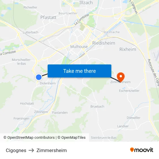 Cigognes to Zimmersheim map