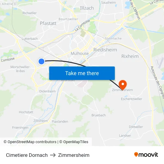 Cimetiere Dornach to Zimmersheim map