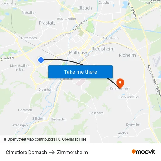 Cimetiere Dornach to Zimmersheim map