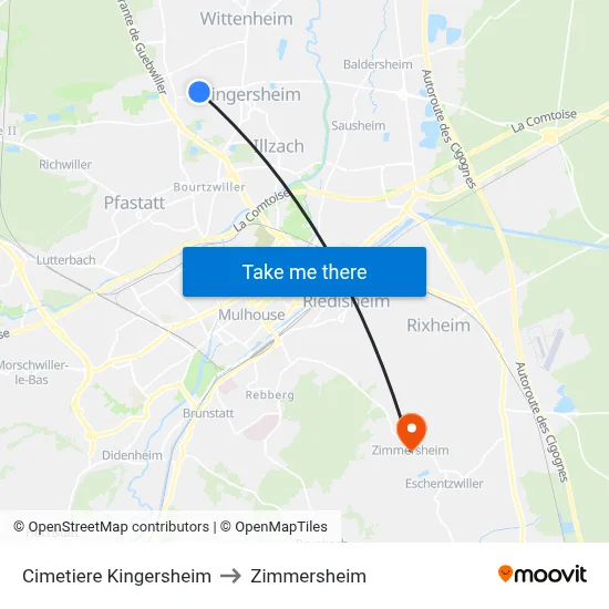 Cimetiere Kingersheim to Zimmersheim map