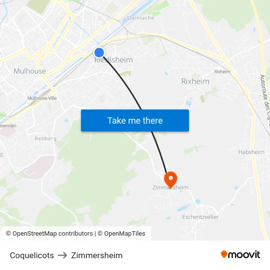 Coquelicots to Zimmersheim map