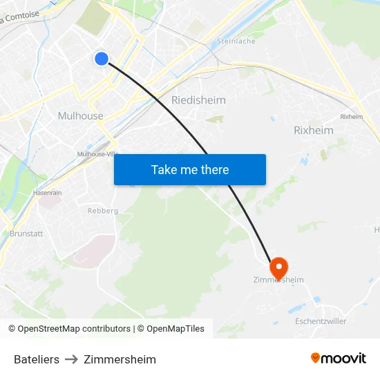 Bateliers to Zimmersheim map