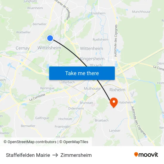 Staffelfelden Mairie to Zimmersheim map