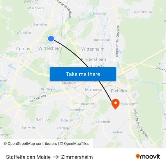 Staffelfelden Mairie to Zimmersheim map