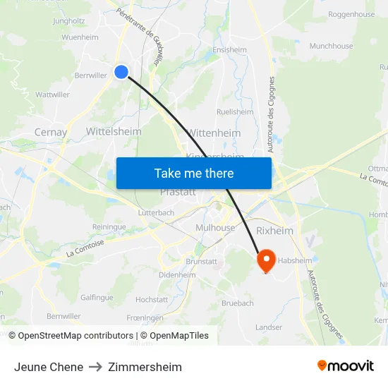 Jeune Chene to Zimmersheim map