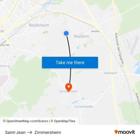 Saint-Jean to Zimmersheim map