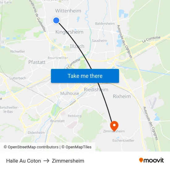 Halle Au Coton to Zimmersheim map