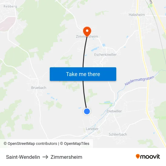 Saint-Wendelin to Zimmersheim map