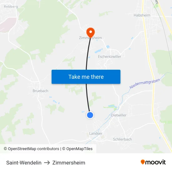 Saint-Wendelin to Zimmersheim map
