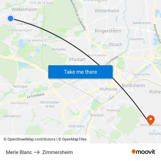 Merle Blanc to Zimmersheim map