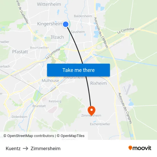 Kuentz to Zimmersheim map