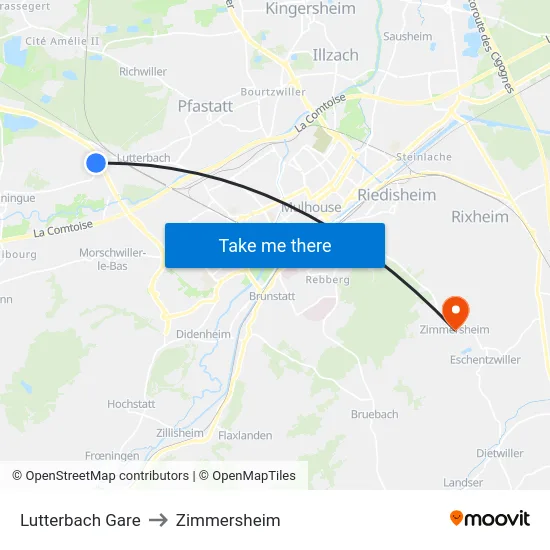 Lutterbach Gare to Zimmersheim map