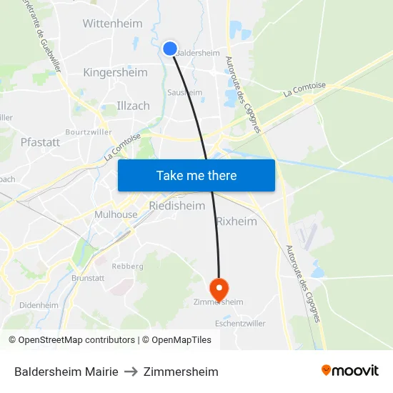 Baldersheim Mairie to Zimmersheim map