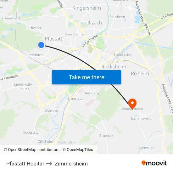 Pfastatt Hopital to Zimmersheim map