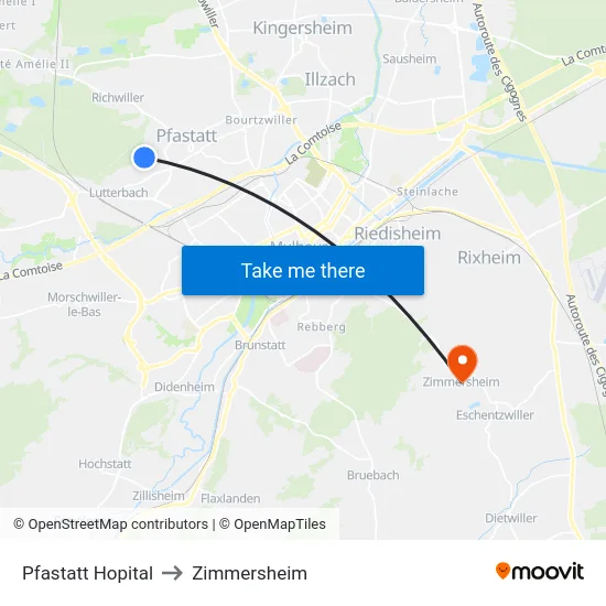 Pfastatt Hopital to Zimmersheim map