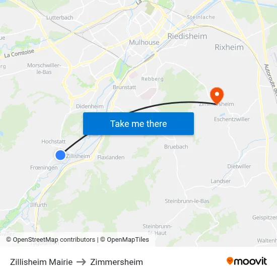 Zillisheim Mairie to Zimmersheim map