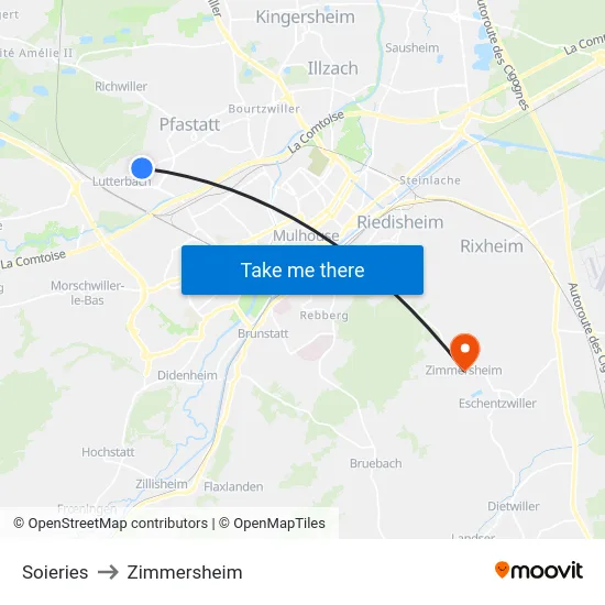 Soieries to Zimmersheim map