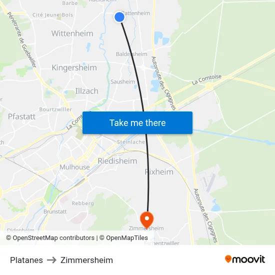 Platanes to Zimmersheim map