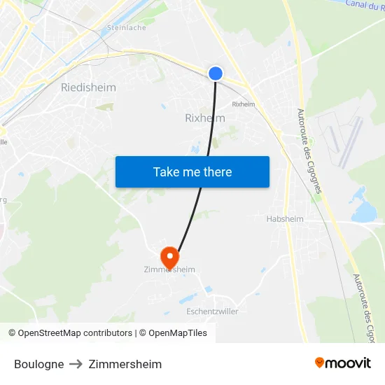 Boulogne to Zimmersheim map