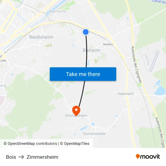 Bois to Zimmersheim map