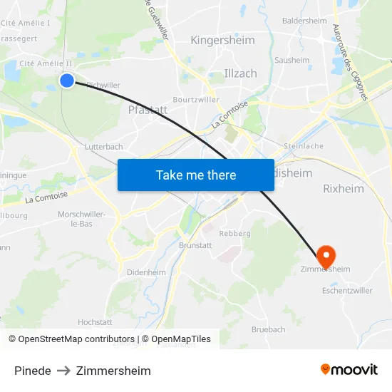 Pinede to Zimmersheim map