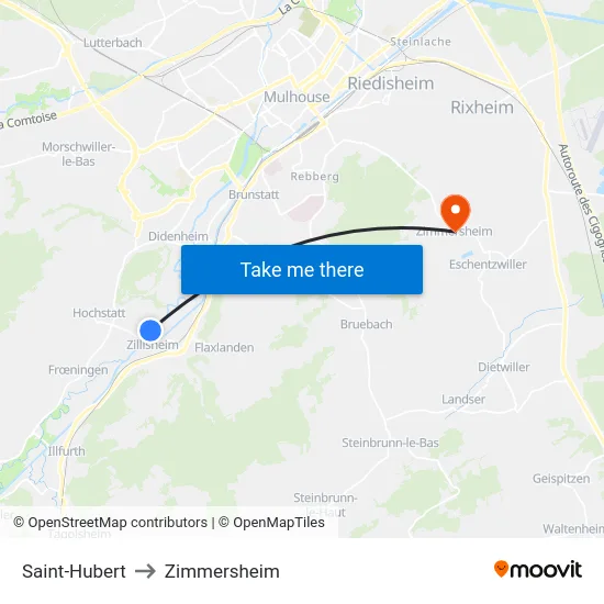 Saint-Hubert to Zimmersheim map