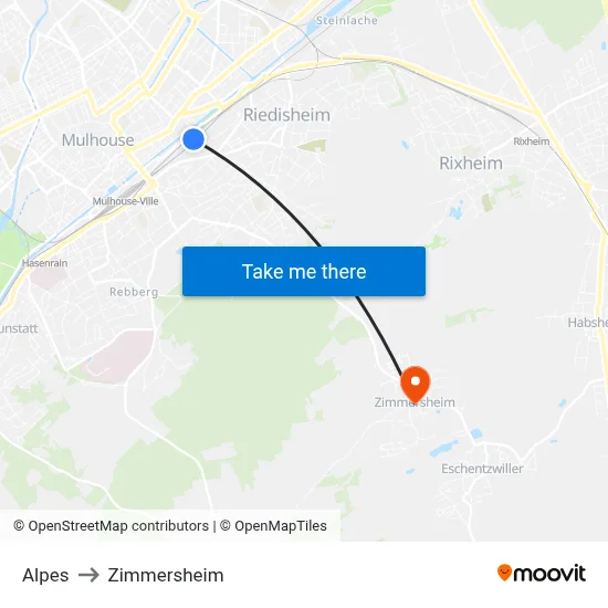 Alpes to Zimmersheim map