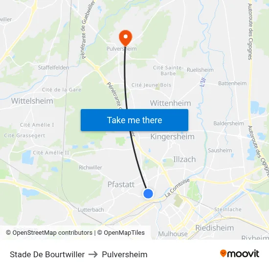 Stade De Bourtwiller to Pulversheim map