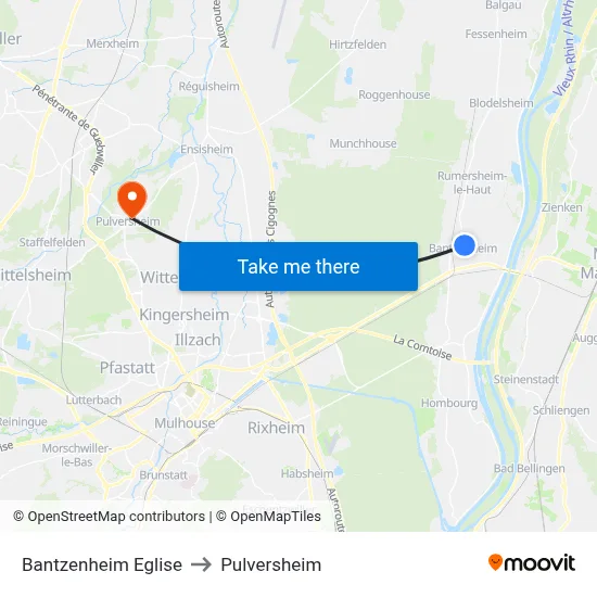 Bantzenheim Eglise to Pulversheim map