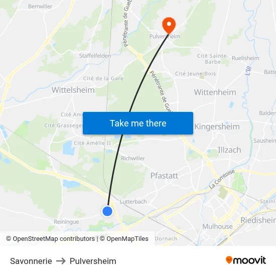 Savonnerie to Pulversheim map