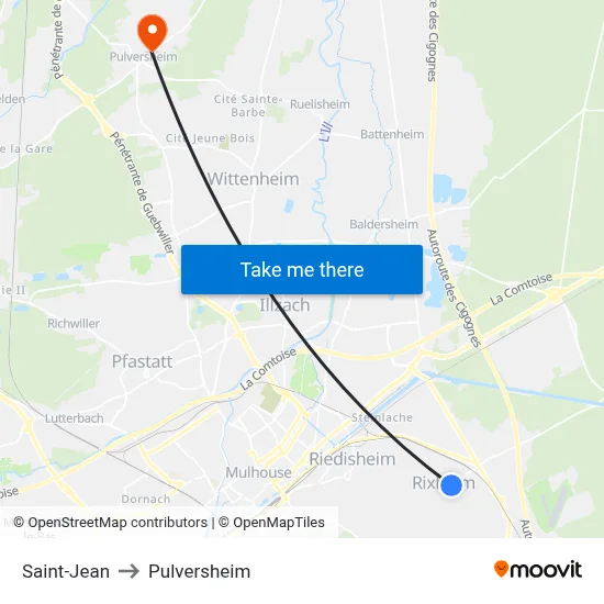 Saint-Jean to Pulversheim map