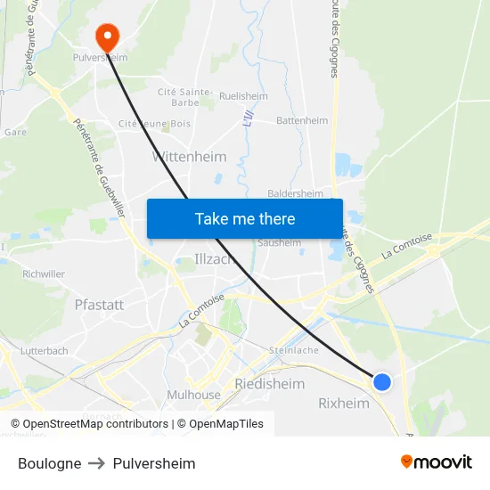 Boulogne to Pulversheim map