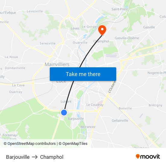 Barjouville to Champhol map