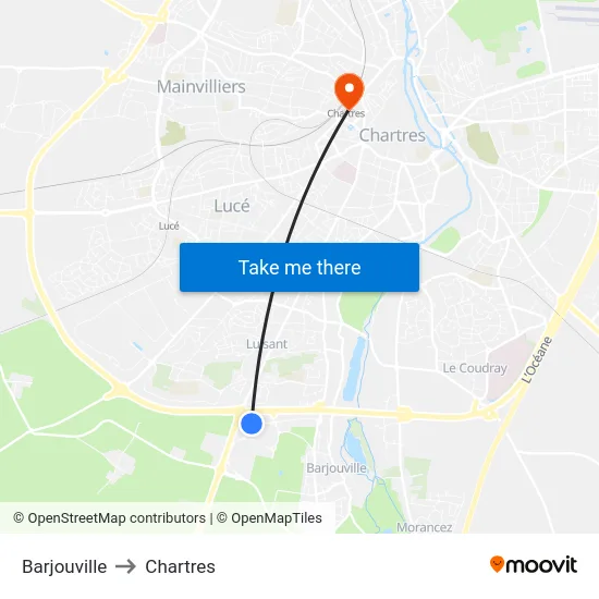 Barjouville to Chartres map