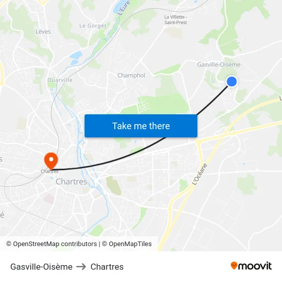 Gasville-Oisème to Chartres map