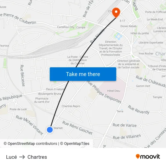 Lucé to Chartres map
