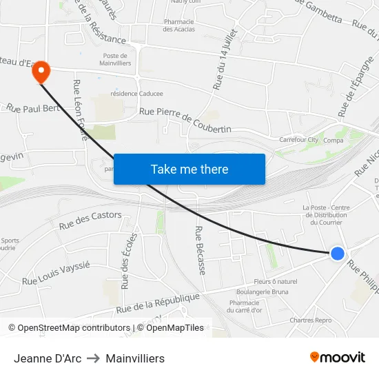 Jeanne  D'Arc to Mainvilliers map