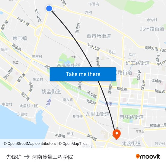 先锋矿 to 河南质量工程学院 map