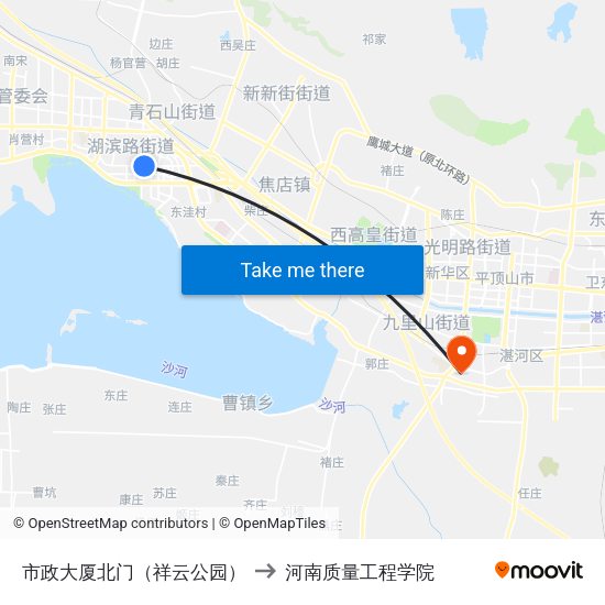 市政大厦北门（祥云公园） to 河南质量工程学院 map
