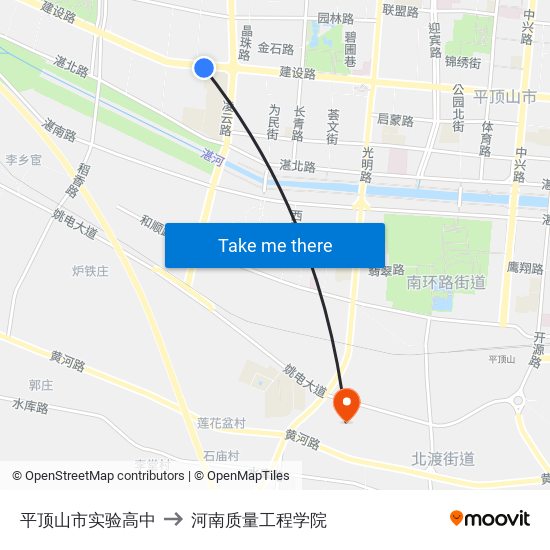 平顶山市实验高中 to 河南质量工程学院 map