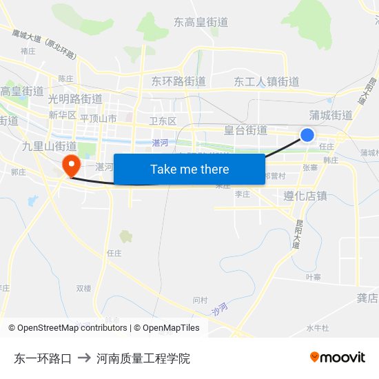 东一环路口 to 河南质量工程学院 map