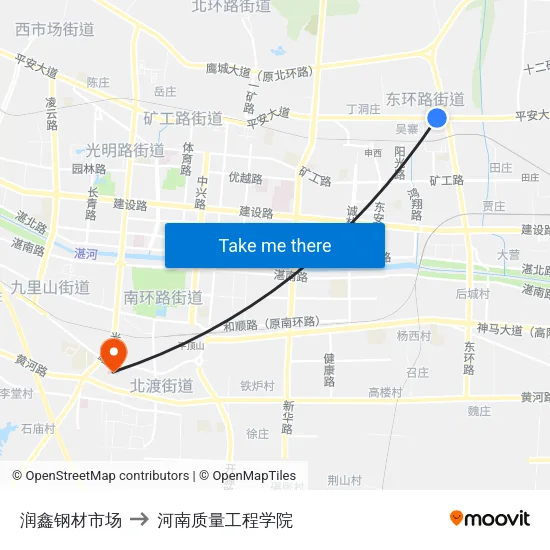 润鑫钢材市场 to 河南质量工程学院 map