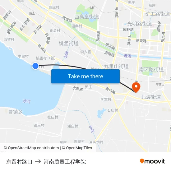 东留村路口 to 河南质量工程学院 map