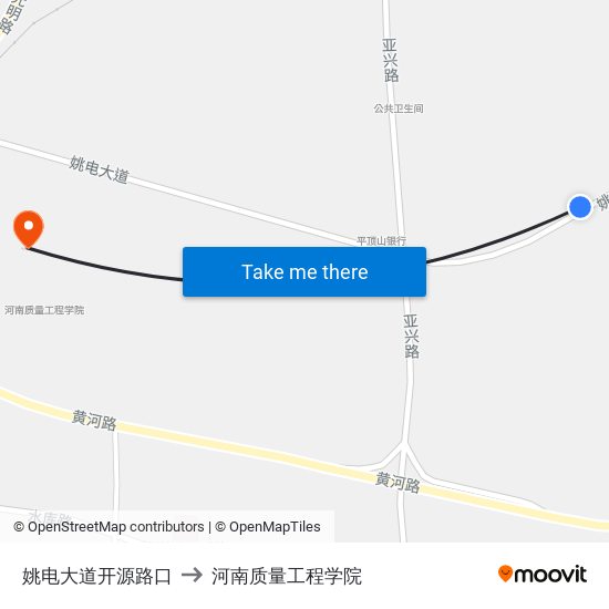 姚电大道开源路口 to 河南质量工程学院 map