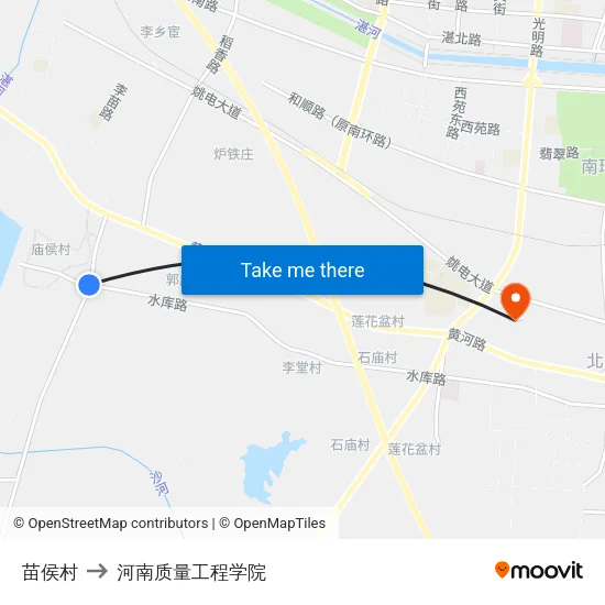 苗侯村 to 河南质量工程学院 map