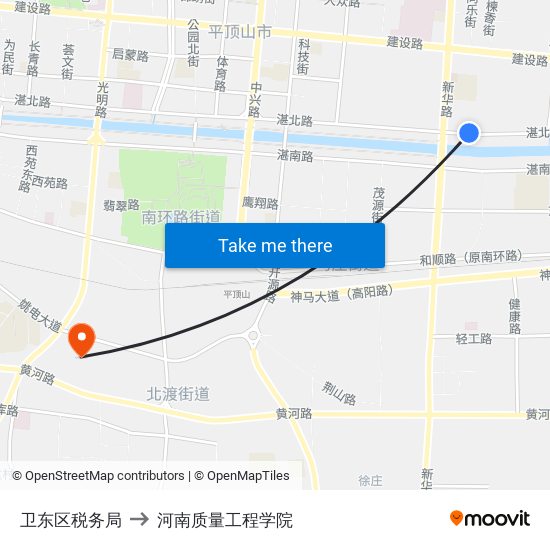 卫东区税务局 to 河南质量工程学院 map