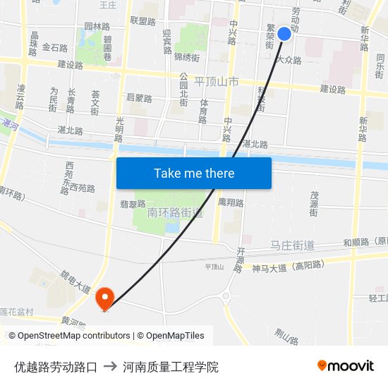 优越路劳动路口 to 河南质量工程学院 map