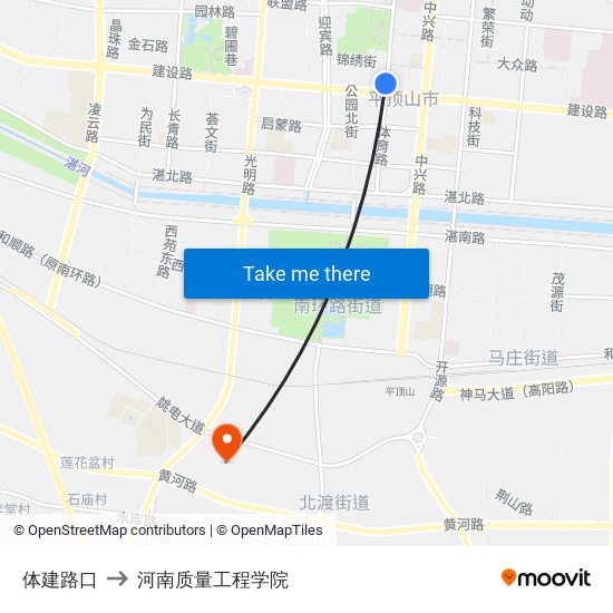 体建路口 to 河南质量工程学院 map