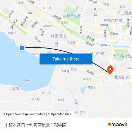 中留村路口 to 河南质量工程学院 map